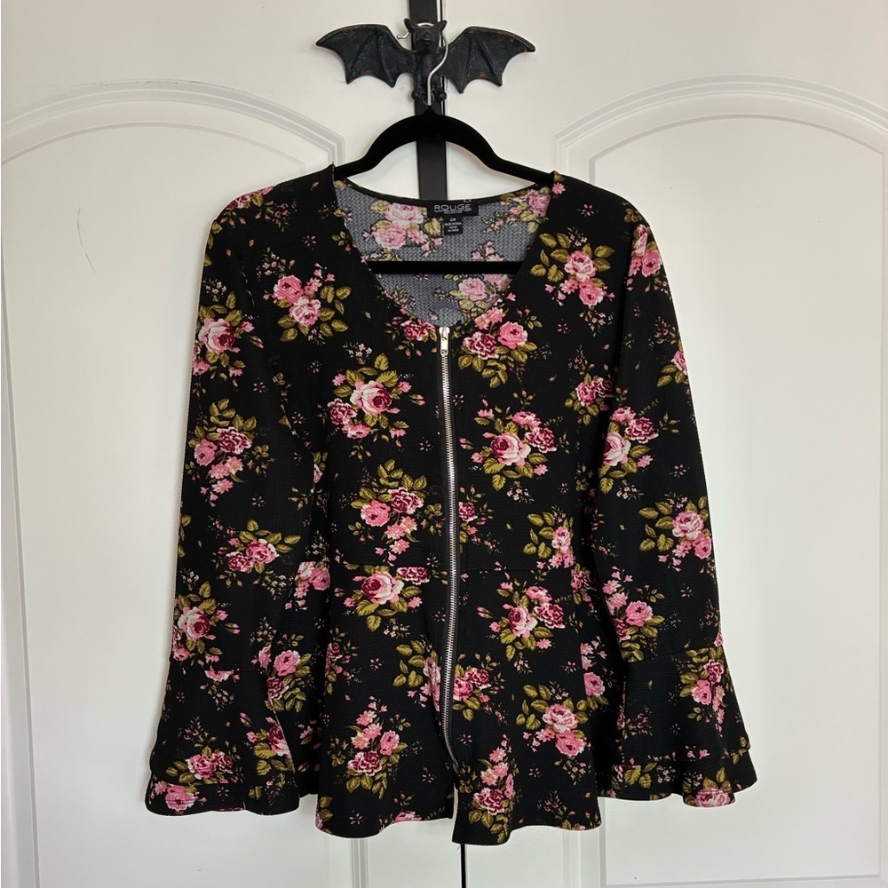 Goth Black & Floral Zipper Front Comfortable Material Bell Sleeve Cuff 2X